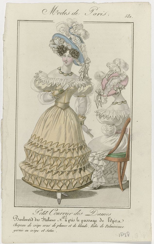 Petit Courrier des Dames, 1828, No. 581 : Chapeau de crèp (...) (1828) by anonymous and Dupré uitgever