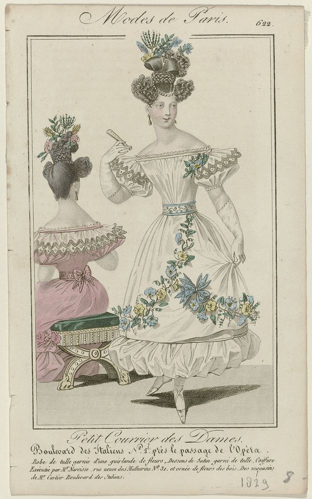 Petit Courrier des Dames, 1829, No. 622 : Robe de tulle garnie d'une guirland (...) (1829) by anonymous and Dupré uitgever