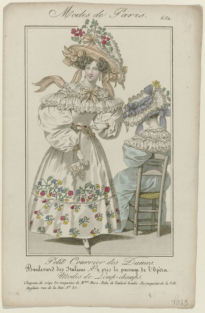 Petit Courrier des Dames, 1829, No. 632 : Chapeau de crèp (...) (1829) by anonymous and Dupré uitgever