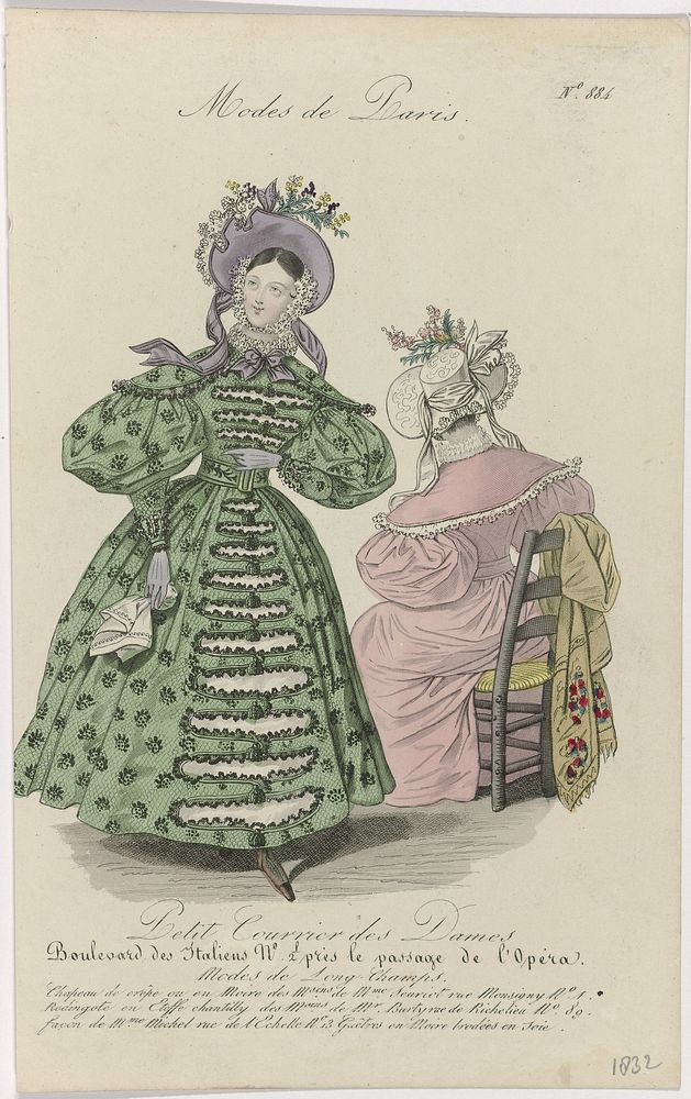 Petit Courrier des Dames, 1832, No. 884 : Chapeau de crêpe ou en Moir (...) (1832) by anonymous and Dupré uitgever