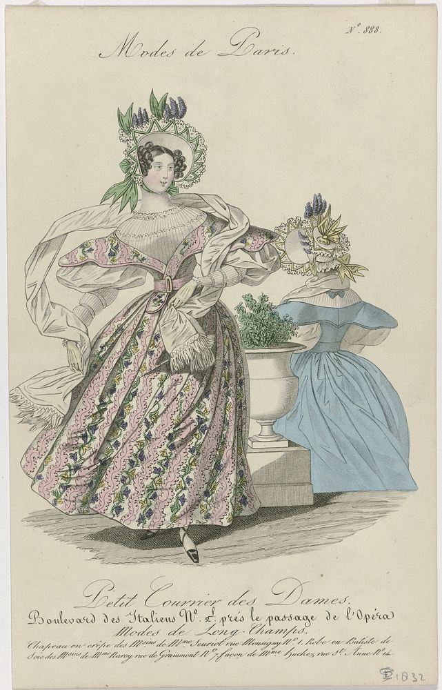 Petit Courrier des Dames, 1832, No. 888 : Chapeau en crêp (...) (1832) by anonymous and Dupré uitgever