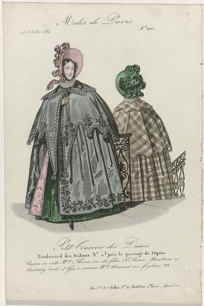 Petit Courrier des Dames, 15 octobre 1834, No. 1101 : Chapeau en crêpe Mme Thomas (...) (1834) by anonymous, Dupré uitgever…