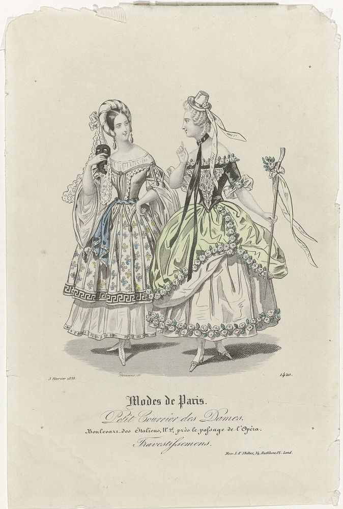 Petit Courrier des Dames, 5 février 1838, No. 1420 : Travestissemens (1838) by Damours, Dupré uitgever and S and J Fuller