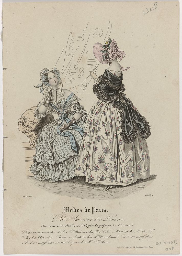 Petit Courrier des Dames, 30 avril 1837, No. 1346 : Chapeau en moiré (...) (1837) by anonymous, Dupré uitgever and S and J…