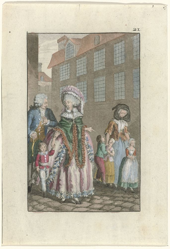 Twee vrouwen, een man en vier kinderen lopend op straat (c. 1780) by anonymous