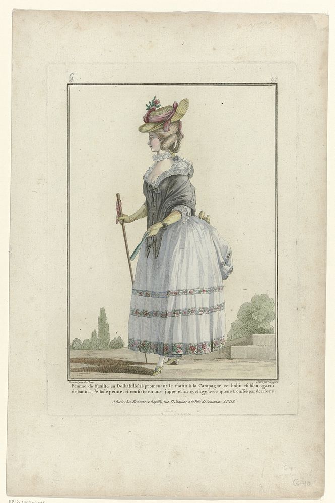 Gallerie des Modes et Costumes Français 1776, G 40: Femme de Qualité en Deshabillé se promenant le matin (...) (c. 1778) by…