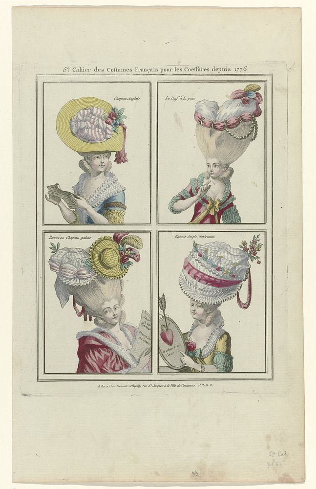 Coiffures, Poufs, Hats and Bonnets: Eleven Coiffures and Headdresses (1776) by anonymous, Madame Le Beau and Esnauts and…