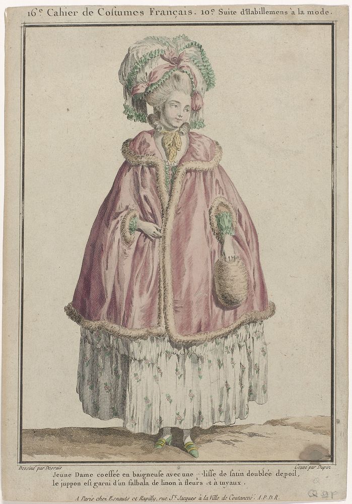 Gallerie des Modes et Costumes Français, 1778, Q 91 : Jeune Dame coeffée en baigneus (...) (1778) by Nicolas Dupin, Claude…