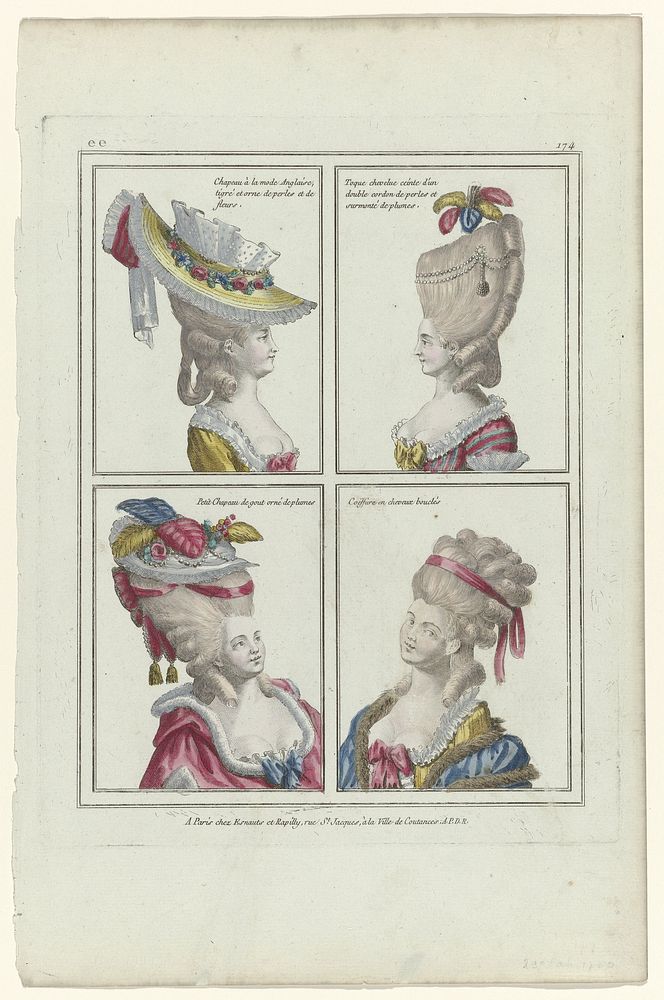 Coiffures, Poufs, Hats and Bonnets: Eleven Coiffures and Headdresses (1780) by anonymous, Madame Le Beau and Esnauts and…