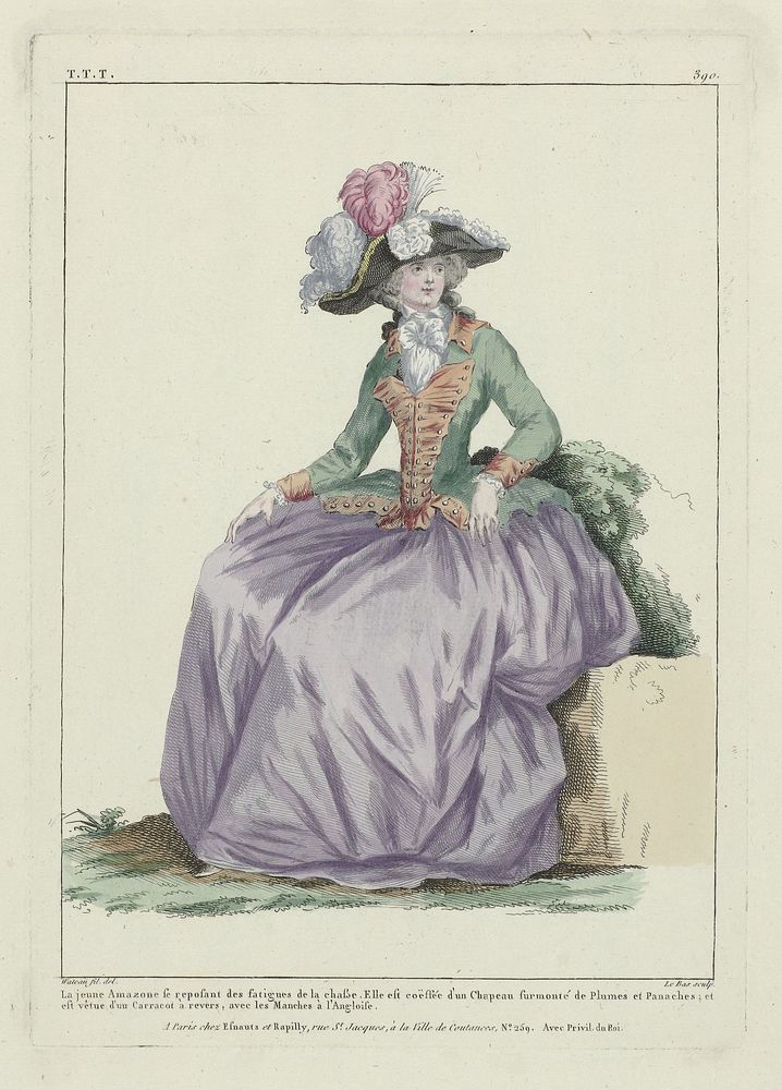Gallerie des Modes et Costumes Français, 1787, TTT 390 : Le jeune amazone se reposant (...) (1787) by Le Bas, François Louis…