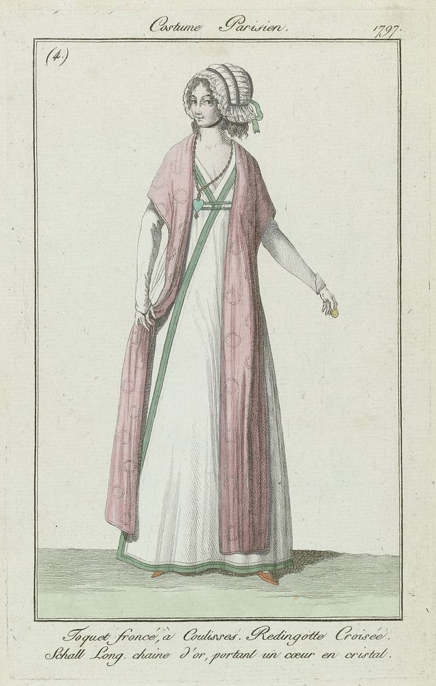 Journal des Dames et des Modes, Costume Parisien, août 1797, (4) : Toquet froncé à Coulisses (...) (1797) by anonymous…