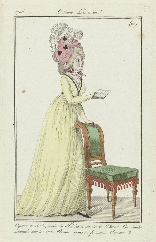 Journal des Dames et des Modes, Costume Parisien, 4 février 1798, (21.): Capote en Satin (...) (1798) by anonymous, Sellèque…