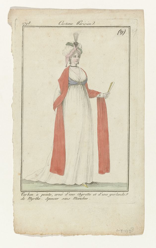 Journal des Dames et des Modes, Costume Parisien, 1 avril 1798, (29): Turban à point (...) (1798) by anonymous, Sellèque and…