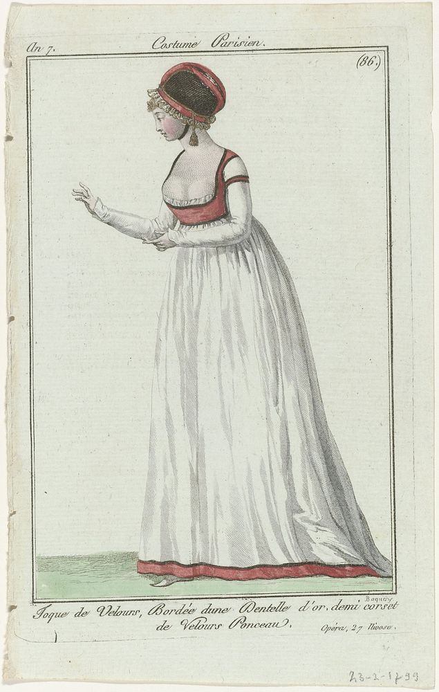 Journal des Dames et des Modes, Costume Parisien, 24 janvier 1799, An 7 (86) : Toque de Velours (...) (1799) by Pierre…