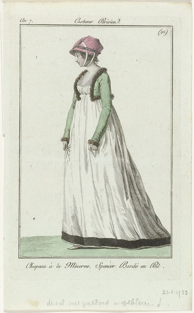 Journal des Dames et des Modes, Costume Parisien, 23 février 1799, An 7 (91) : Chapeau à la Minerv (...) (1799) by…
