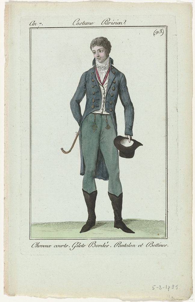 Journal des Dames et des Modes, Costume Parisien, 5 mars 1799, An 7, (93.) : Cheveux courts, Gilets Bordés (...) (1799) by…