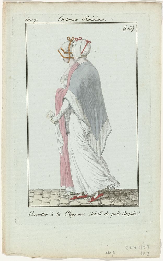 Journal des Dames et des Modes, Costume Parisien, 24 avril 1799, An 7, (103.(bis)) : Cornettes à la Paysan (...) (1799) by…