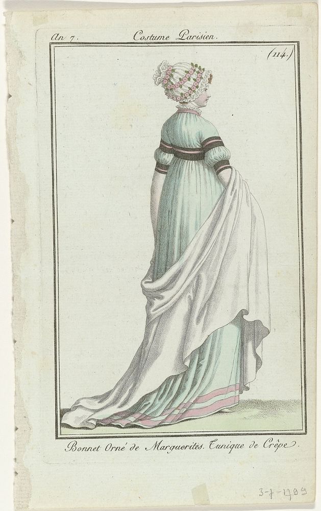 Journal des Dames et des Modes, Costume Parisien, 3 juillet 1799, An 7, (114.) : Bonnet Orné de Marguerites (...) (1799) by…