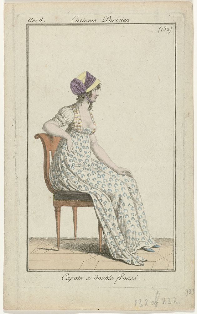 Journal des Dames et des Modes, Costume Parisien, 24 juillet 1800, An 8, (132) of (232) : Capote à double froncé (1800) by…