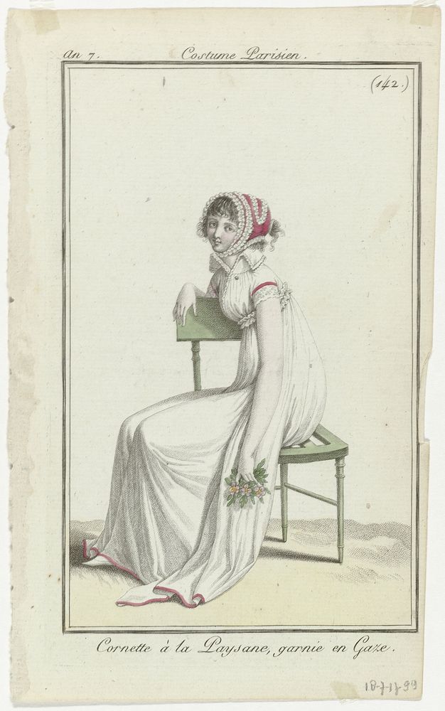 Journal des Dames et des Modes, Costume Parisien, 18 juillet 1799, An 7, (142.) : Cornette à la Paysan (...) (1799) by…