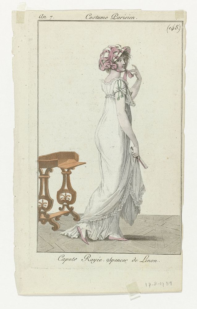 Journal des Dames et des Modes, Costume Parisien, 17 août 1799, An 7 (148.) : Capote Rayé (...) (1799) by anonymous and…