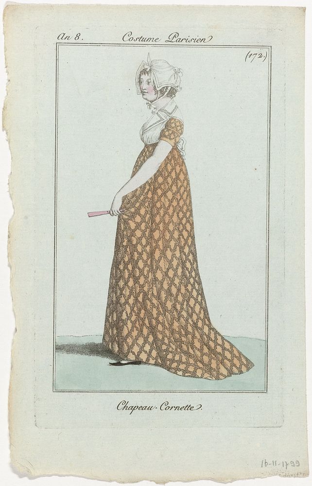 Journal des Dames et des Modes, Costume Parisien, 16 novembre 1799, An 8, (172.) : Chapeau-Cornette (1799) by anonymous and…