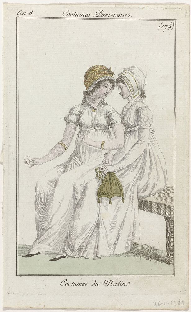 Journal des Dames et des Modes, Costume Parisien, 26 novembre 1799, An 8, (174) : Costumes du Matin (1799) by anonymous and…