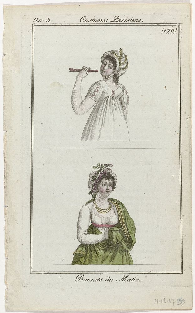 Journal des Dames et des Modes, Costume Parisien, 11 décembre 1799, An 8 (179) : Bonnets du Matin (1799) by anonymous and…