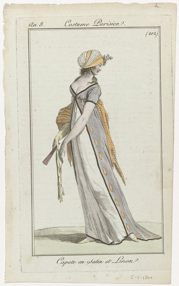Journal des Dames et des Modes, Costume Parisien, 30 avril 1800, An 8, (212) : Capote en Satin (...) (1800) by anonymous and…