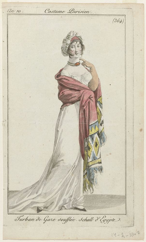 Journal des Dames et des Modes, Costume Parisien, 14 février 1802, An 10, (364) : Turban de Gaz (...) (1802) by anonymous…