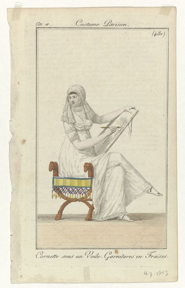Journal des Dames et des Modes, Costume Parisien, 4 juillet 1803, An 11, (481): Cornette sous un Voil (...) (1803) by…