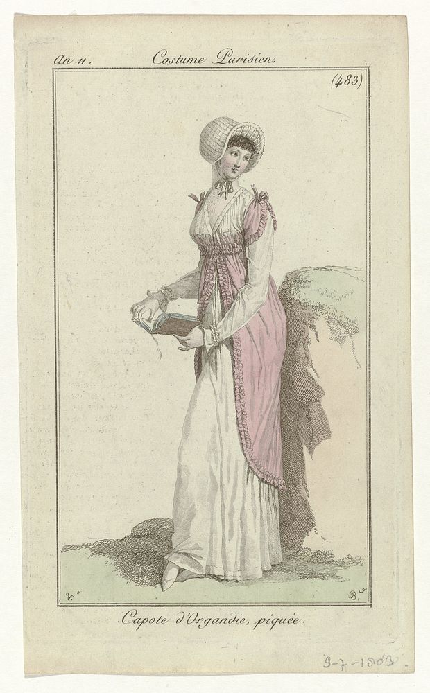 Journal des Dames et des Modes, Costume Parisien, 9 juillet 1803, An 11, (483): Capote d'Organdie, piquée (1803) by Pierre…