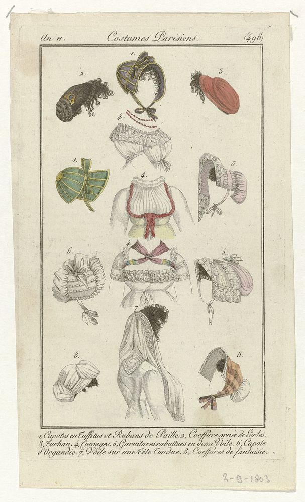 Journal des Dames et des Modes, Costume Parisien, 2 septembre 1803, An 11, (496): 1. Capotes en Taffetas (...) (1803) by…