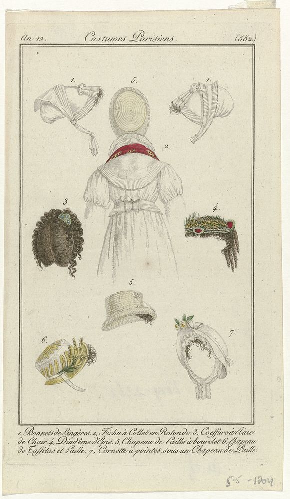 Journal des Dames et des Modes, Costumes Parisiens, 5 mai 1804, An 12, (552): Bonnets de Lingères (...) (1804) by anonymous…