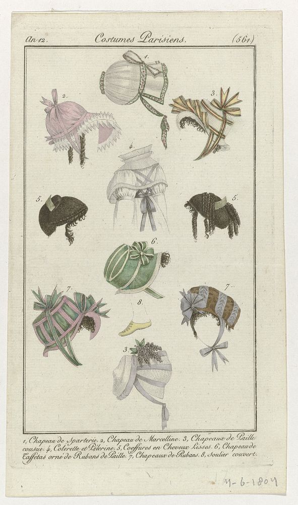 Journal des Dames et des Modes, Costume Parisien, 14 juin 1804, An 12, (561): 1. Chapeaux de Sparteri (...) (1804) by…