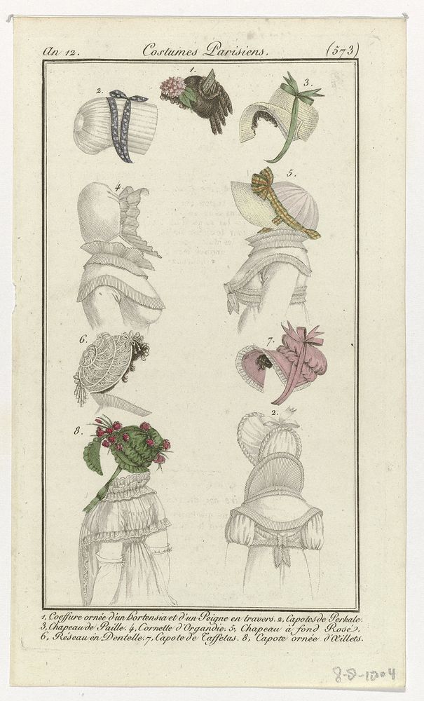 Journal des Dames et des Modes, Costume Parisien, 8 août 1804, An 12, (573): 1. Coeffure ornée d'un hortensi (...) (1804) by…