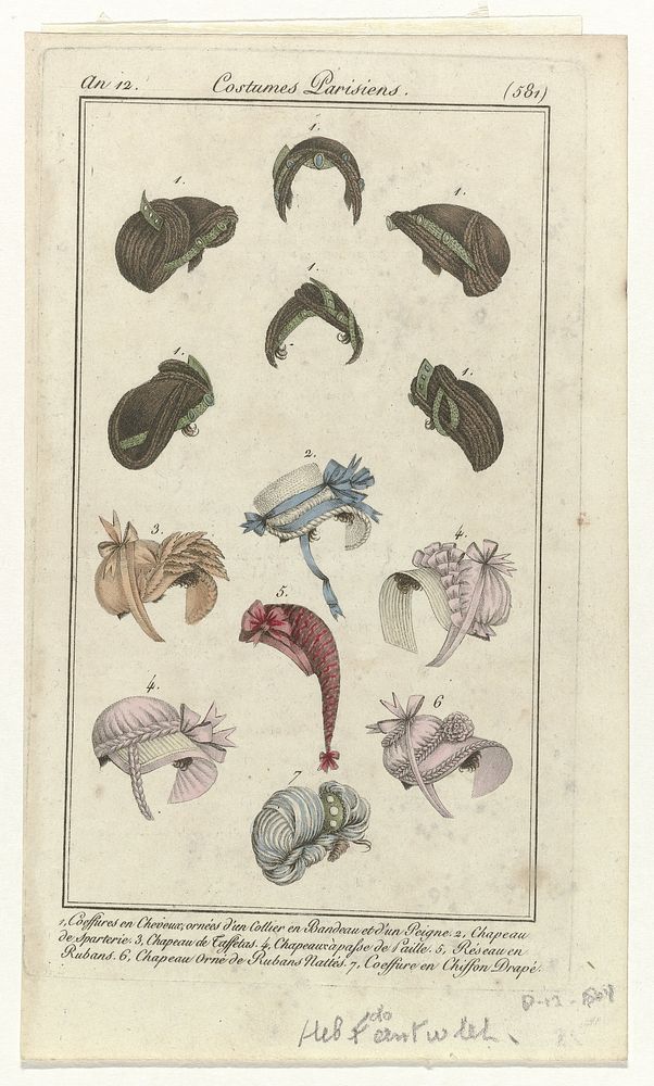 Journal des Dames et des Modes, Costume Parisien, 7 septembre 1804, An 12, (581): 1, Coeffures en Cheveux (...) (1804) by…