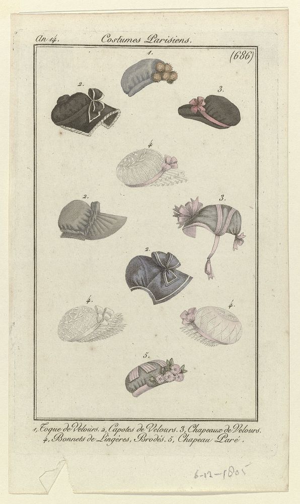 Journal des Dames et des Modes, Costumes Parisiens, 6 décembre 1805, An 14, (686): 1,Toque de Velours (...) (1805) by…