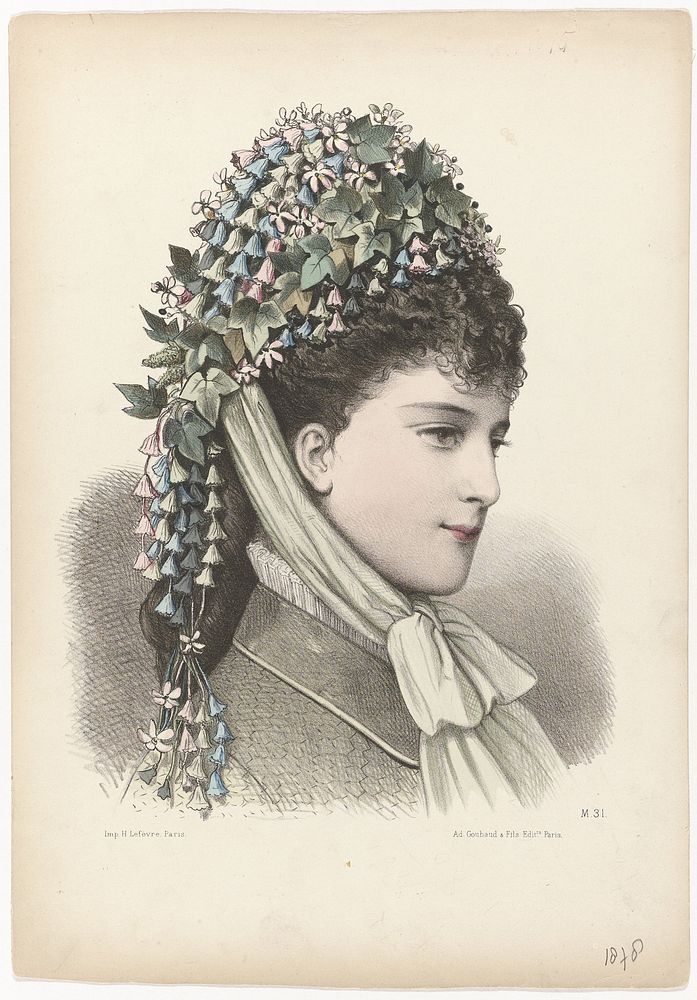 Vrouwenhoofd met hoed met klimop, 1875, No. M.31 (1875) by anonymous, Ad Goubaud et Fils and H Lefèvre