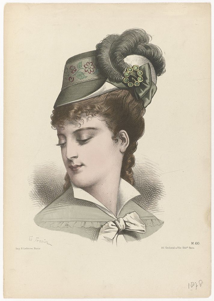 Vrouwenhoofd met hoed met struisveren, 1875, No. M.60 (1875) by Guido Gonin, anonymous, Ad Goubaud et Fils and H Lefèvre