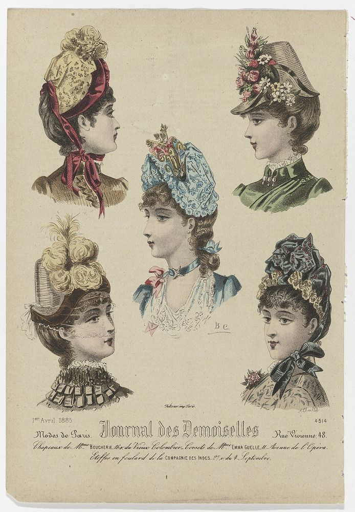Journal des Demoiselles, 1 avril 1885, No. 4514 : Chapeaux de Mme Boucheri (...) (1885) by A Chaillot, Monogrammist BC and…