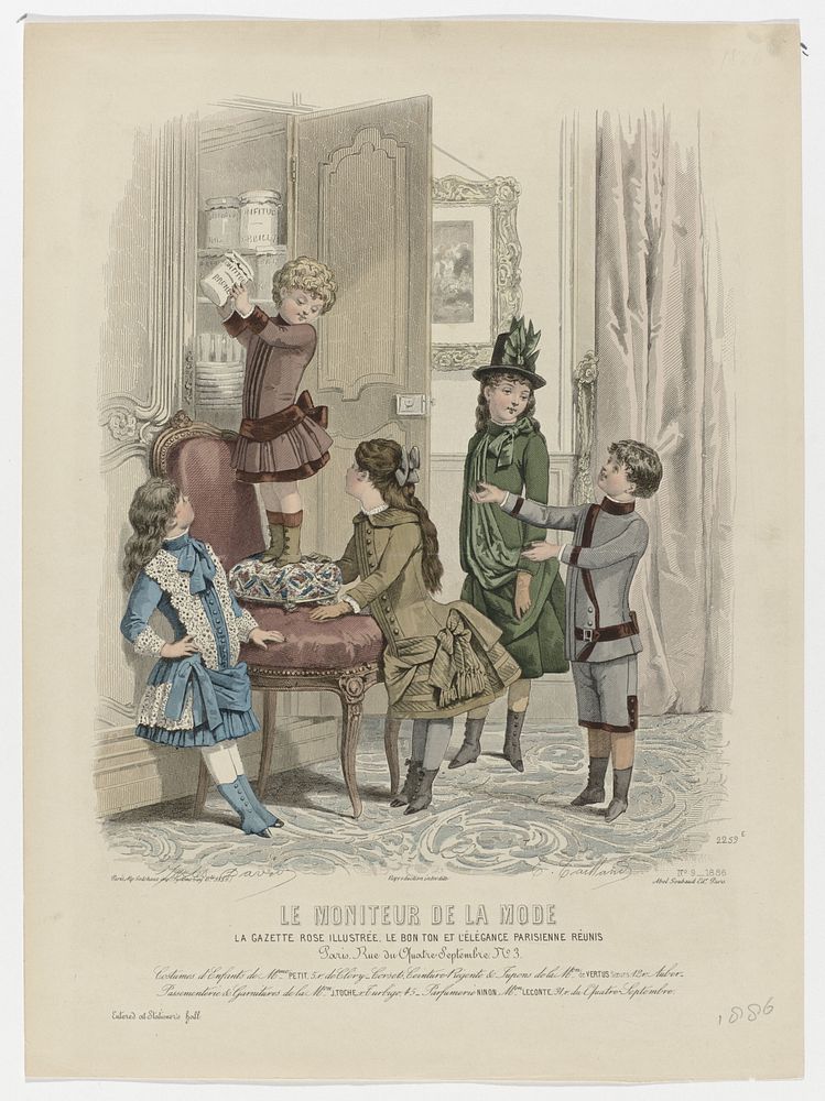 Le Moniteur de la Mode, 1886, No. 2259e, No. 9 : Costumes d'Enfants (...) (1886) by Edouard Tailland, Jules David 1808 1892…