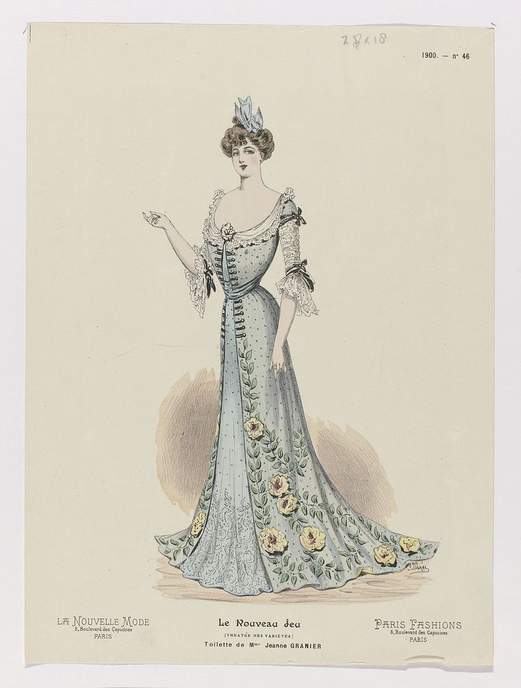La Nouvelle Mode, Le Nouveau jeu, Paris Fashions, 1900, No. 46 : Toilette de Mme Jeanne Granier (1900) by J Morel and…