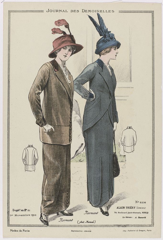 Journal des Demoiselles, Supplement au No. 21, 1 Novembre 1913, No. 5236 : Modes de Paris (1913) by anonymous, Normand…