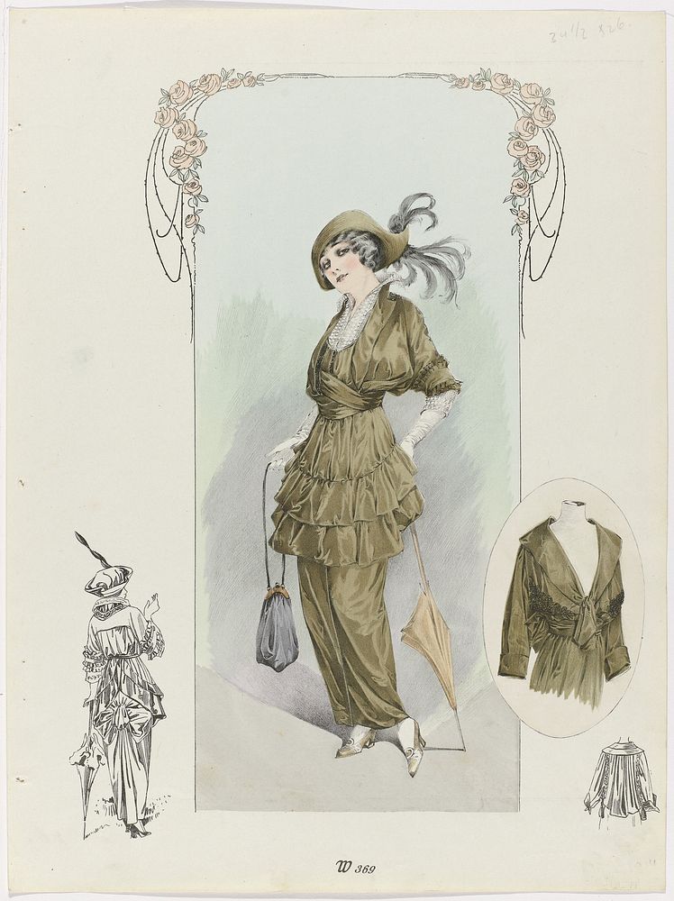 Dame in een olijfgroene tuniek en strompelrok, W 369 (c. 1913) by anonymous