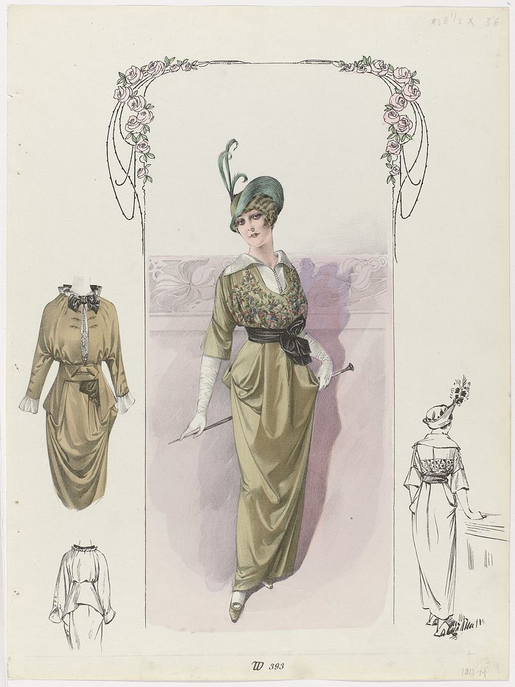 Dame in een olijfgroene strompeljapon, W 393 (c. 1913) by anonymous