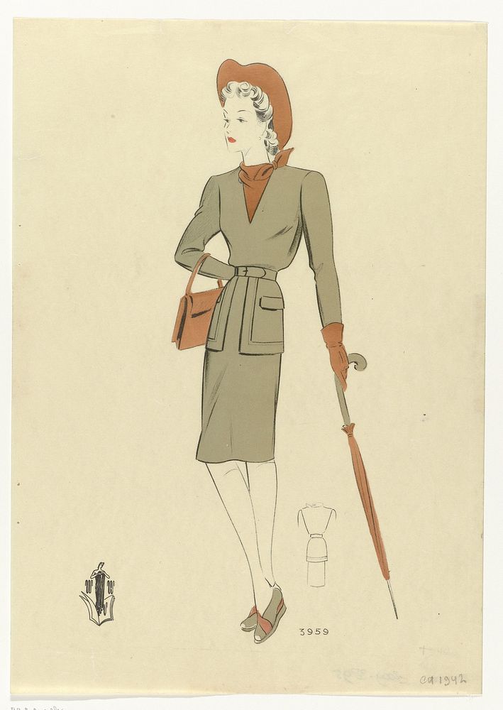Vrouw met handtas en paraplu, ca. 1942, No. 3959 (c. 1942) by anonymous