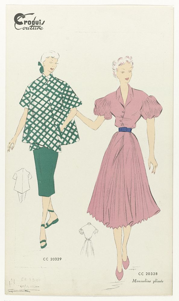 Croquis Couture, No. CC 20329 en CC 20328 : Mousseline plissée (c. 1946) by anonymous