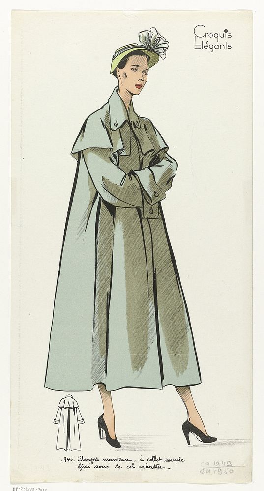 Croquis Elégants, ca. 1949-1950, No. 740 : Ample manteau (...) (c. 1949 - c. 1950) by anonymous