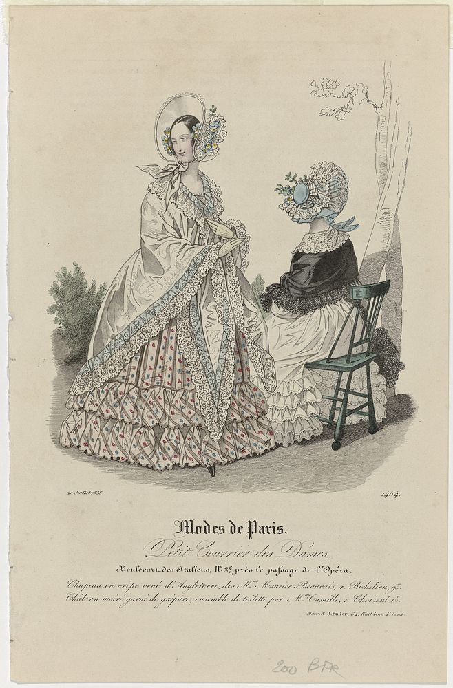 Petit Courrier des Dames, 20 juillet 1838, No. 1464 : Chapeau en crêpe orné d'Angleterr (...) (1838) by anonymous, Dupré…